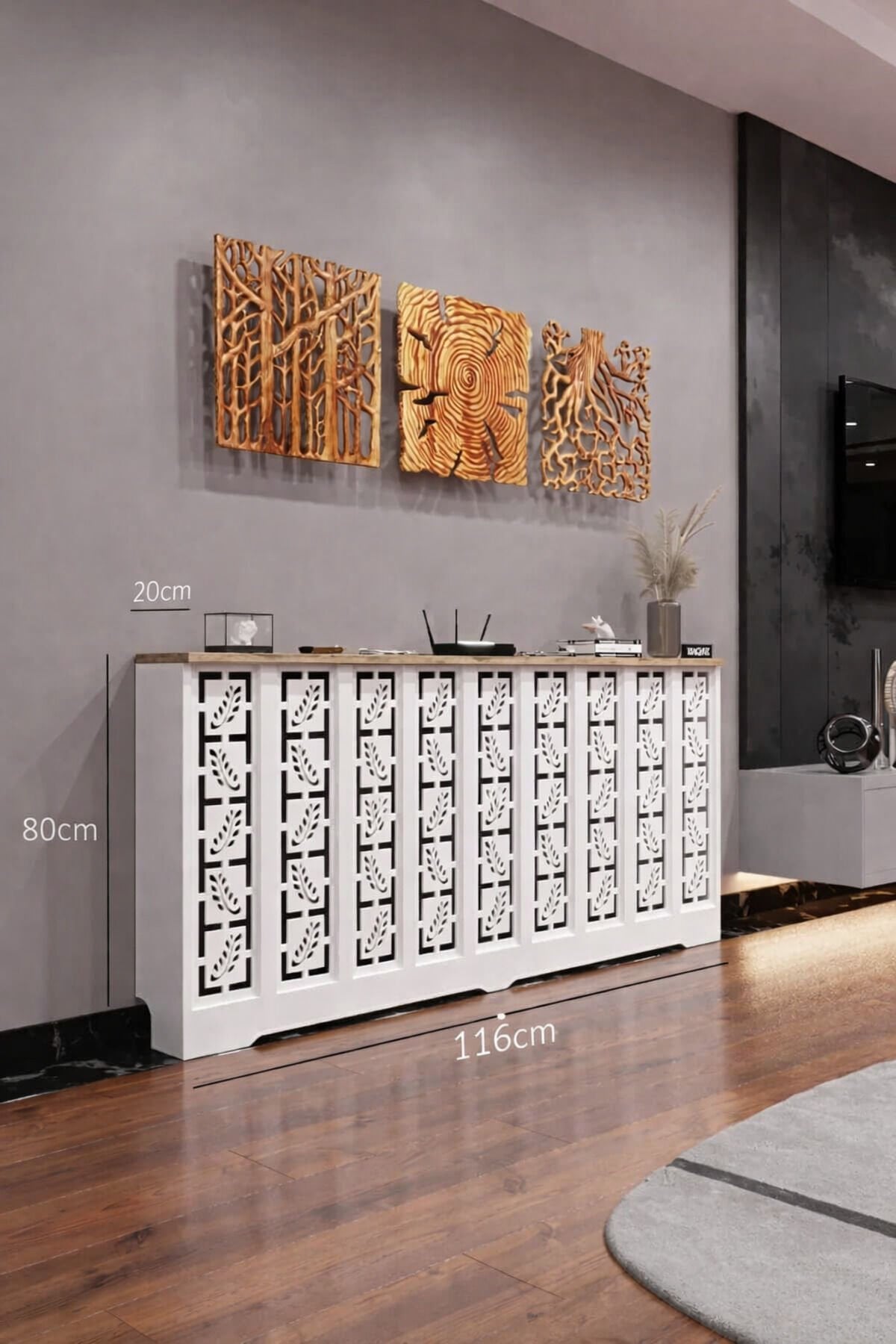 Petek Üstü Dekoratif Dresuar – Kalorifer Gizleme Antre Konsolu | Dar Alanlar İçin Modern ( iç 116 ) ( dış 120 cm ) D10