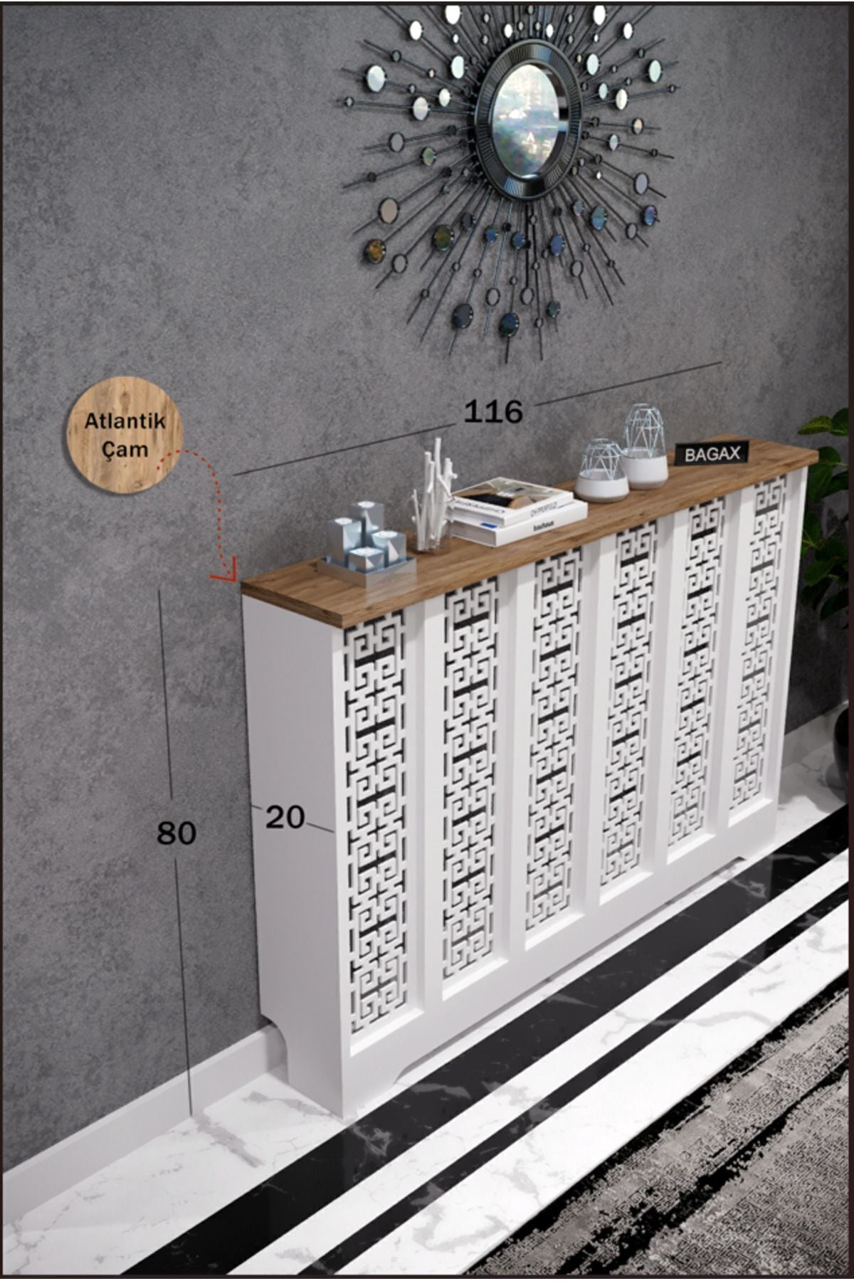 Petek Üstü Dekoratif Dresuar – Kalorifer Gizleme Antre Konsolu | Dar Alanlar İçin Modern ( iç 116 ) ( dış 120 cm ) D5