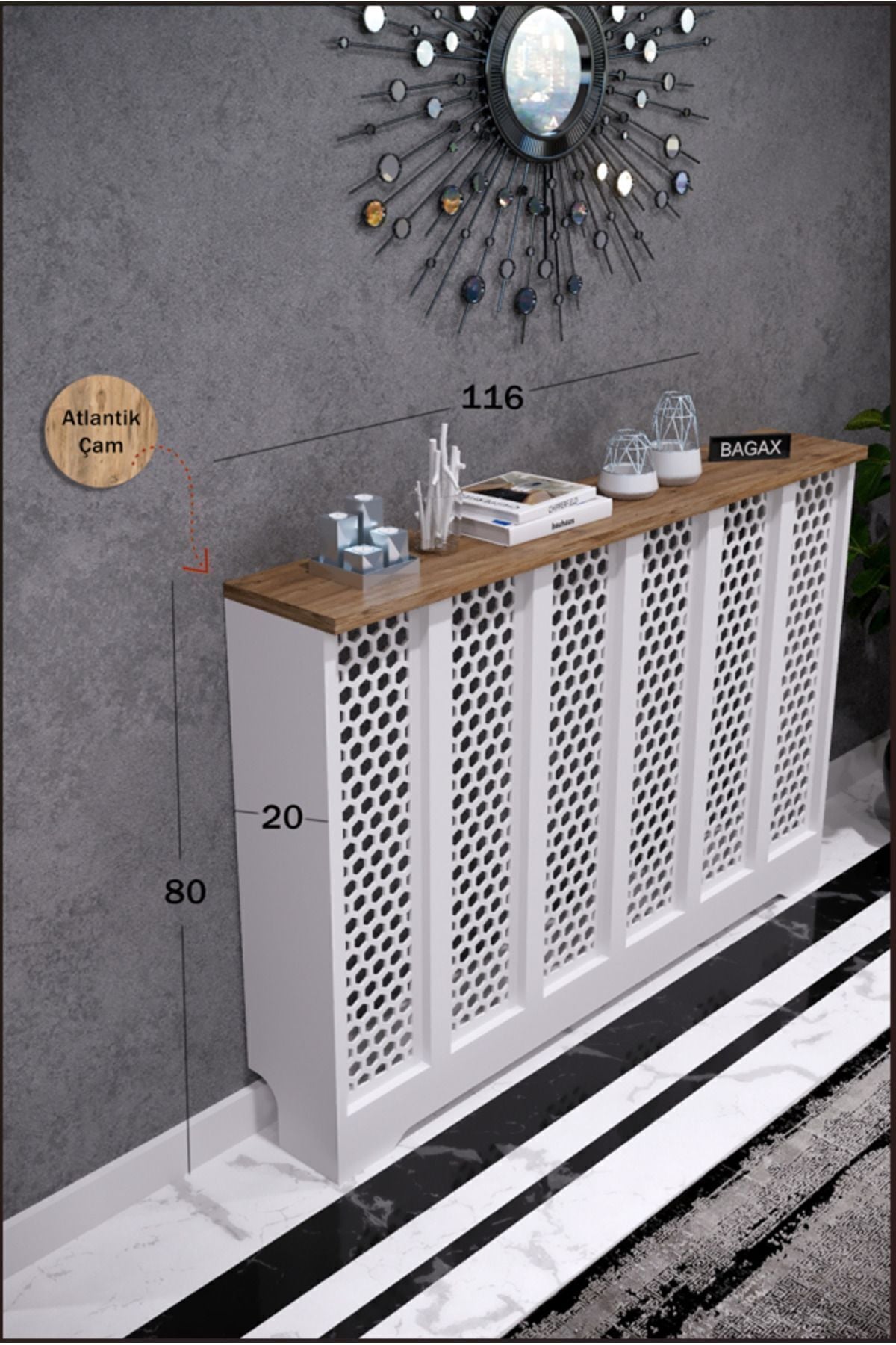 Petek Üstü Dekoratif Dresuar – Kalorifer Gizleme Antre Konsolu | Dar Alanlar İçin Modern ( iç 116 ) ( dış 120 cm ) D6
