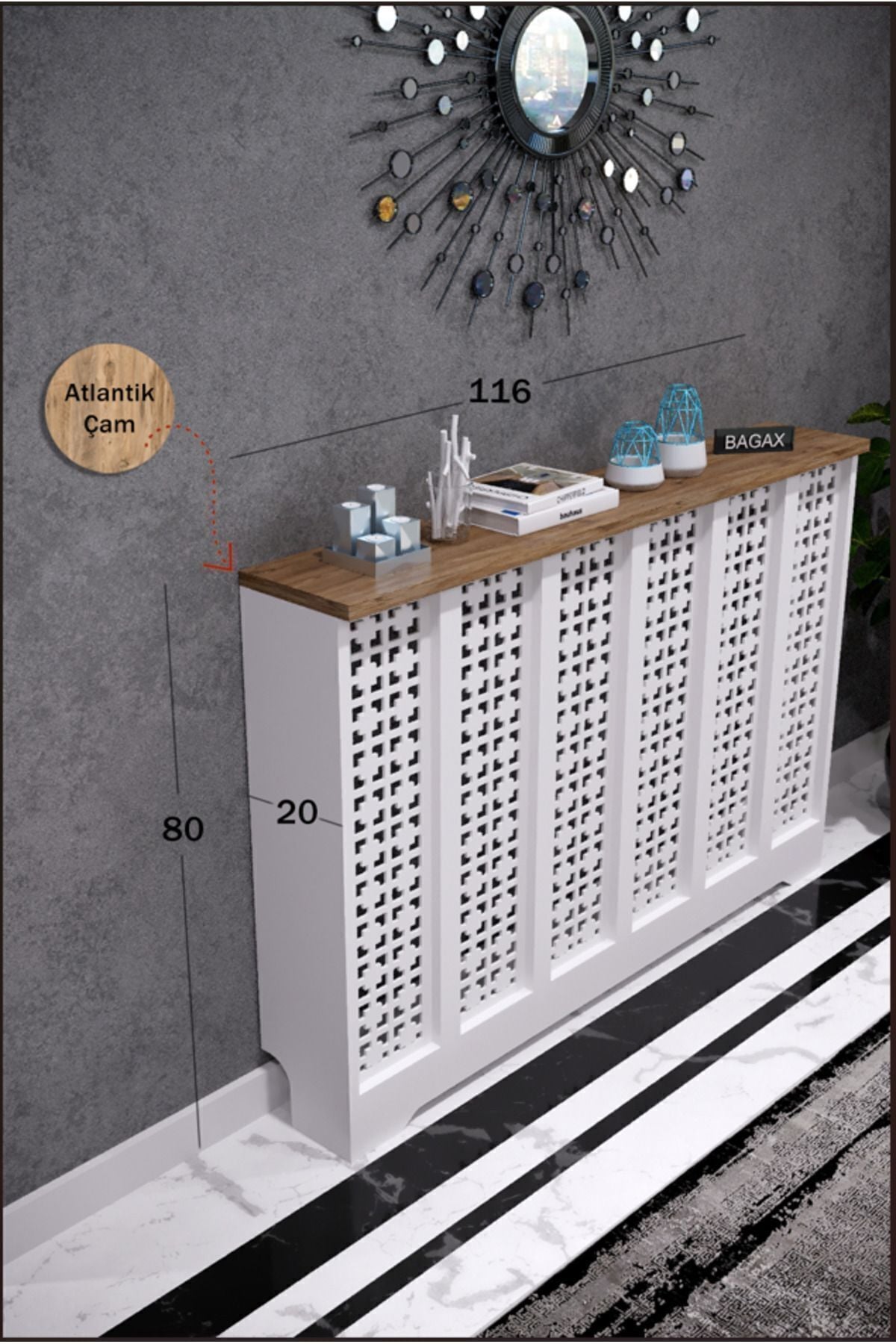 Petek Üstü Dekoratif Dresuar – Kalorifer Gizleme Antre Konsolu | Dar Alanlar İçin Modern ( iç 116 ) ( dış 120 cm ) D8