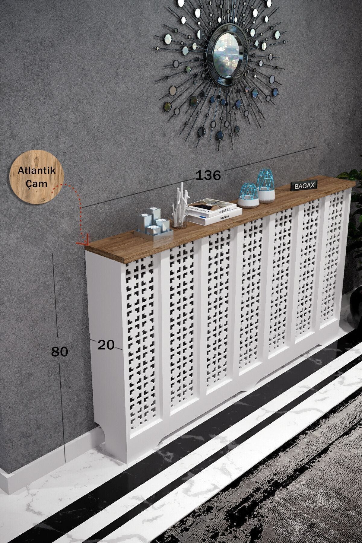 Truva Model, Beyaz Üstü Çam Renk,iç Ölçü 136 Cm Dış Ölçü 140 Cm Petek Kaplama, Dresuar