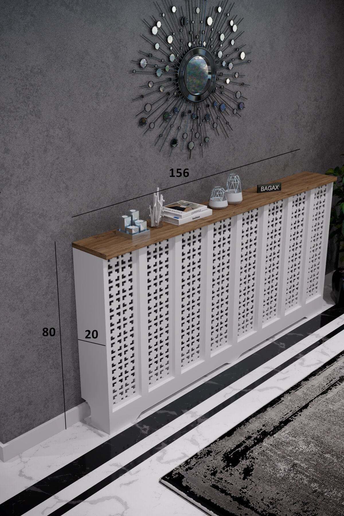 Petek Üstü Dekoratif Dresuar – Kalorifer Gizleme Antre Konsolu | Dar Alanlar İçin Modern ( iç 156 ) ( dış 160 cm ) D8