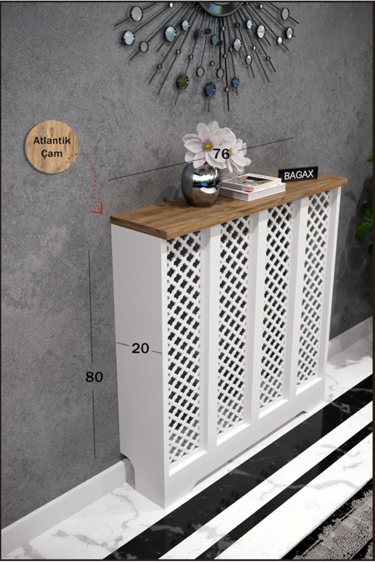 Petek Üstü Dekoratif Dresuar – Kalorifer Gizleme Antre Konsolu | Dar Alanlar İçin Modern ( iç 76 ) ( dış 80 cm ) D3
