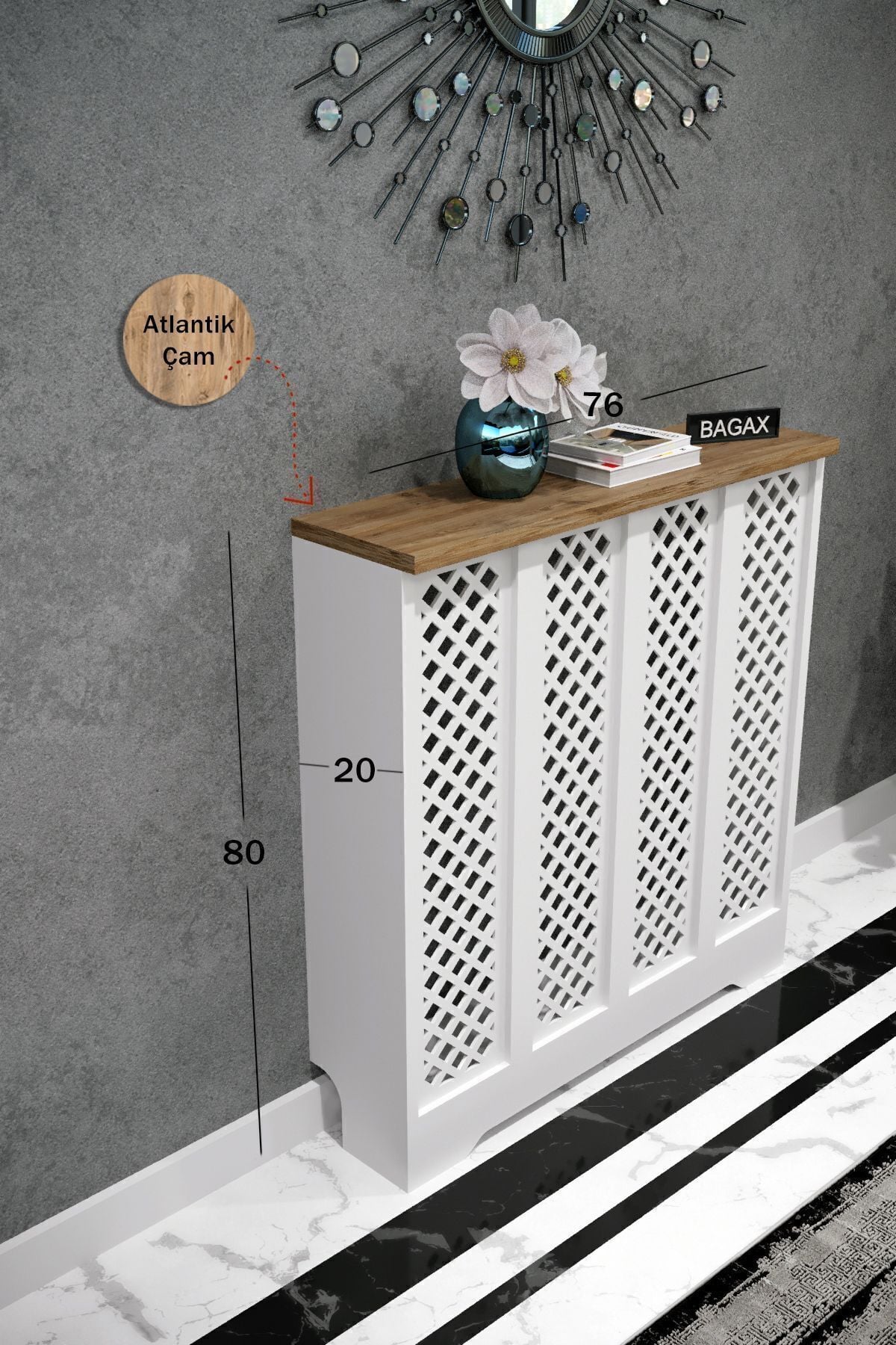 Petek Üstü Dekoratif Dresuar – Kalorifer Gizleme Antre Konsolu | Dar Alanlar İçin Modern ( iç 76 ) ( dış 80 cm ) D7