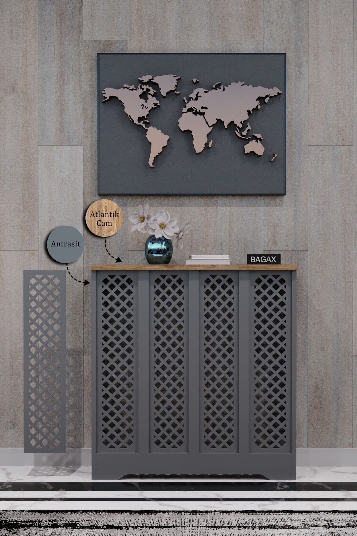 Dekoratif Petek Dolabı Kalorifer Peteği Kapatma Ünitesi Modern Tasarım İç Ölçü 76 cm Dış Ölçü 80 cm