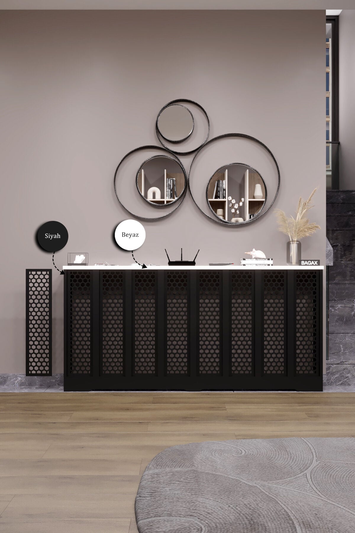 Petek Kaplama Modern Radyatör Kapatma Ünitesi Ön Panel MDF Tasarım İç ölçü 156 cm Dış Ölçü 160 cm