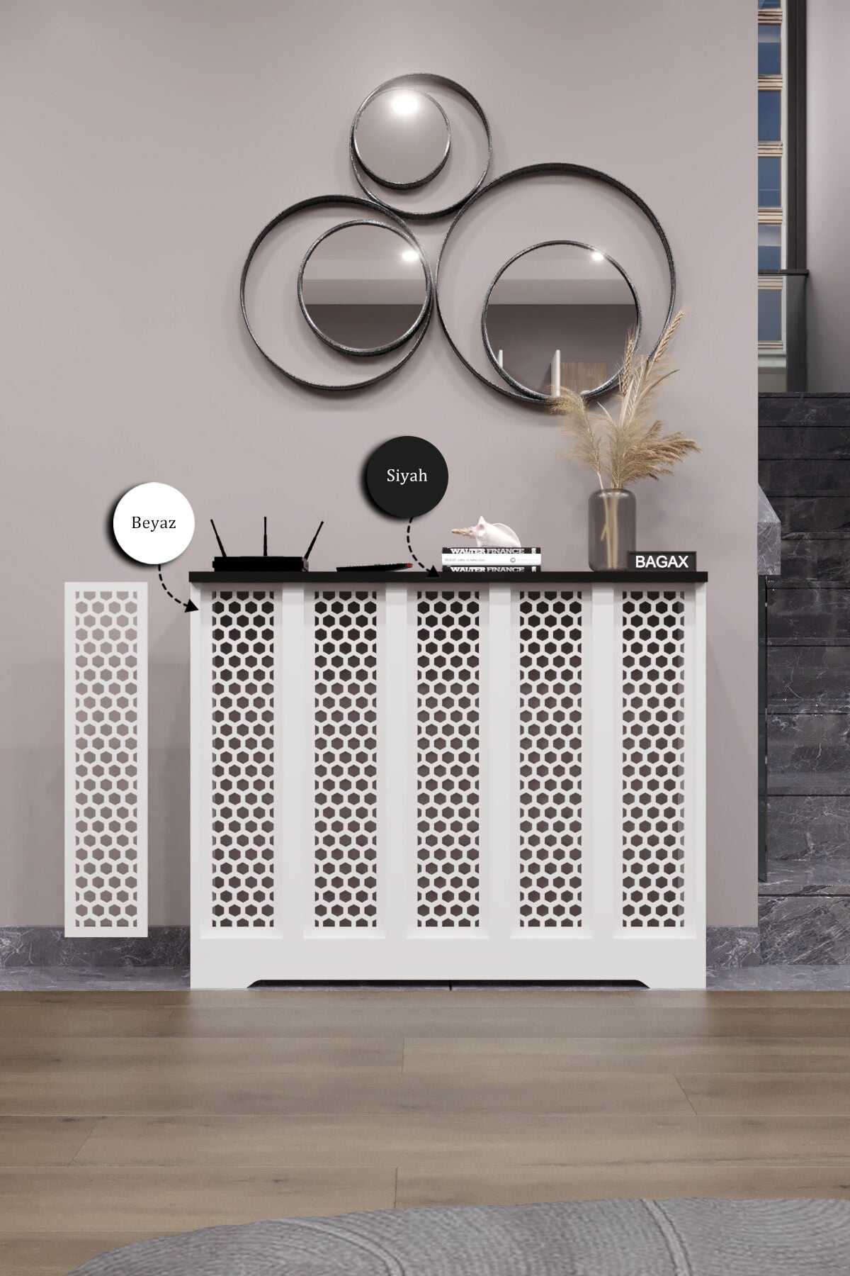 Dekoratif Petek Dolabı Kalorifer Peteği Kapatma Ünitesi Modern Tasarım İç Ölçü 96 cm Dış Ölçü 100 cm