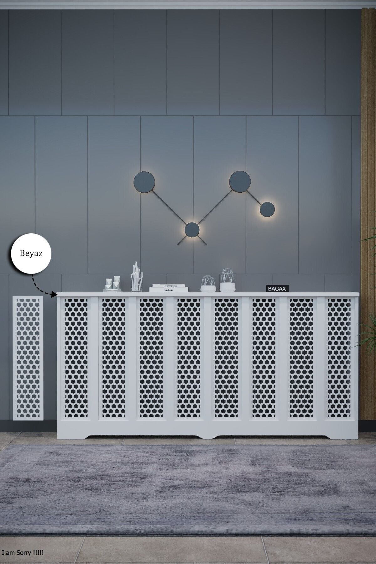 Petek Kaplama Modern Radyatör Kapatma Ünitesi Ön Panel MDF Tasarım İç ölçü 156 cm Dış Ölçü 160 cm