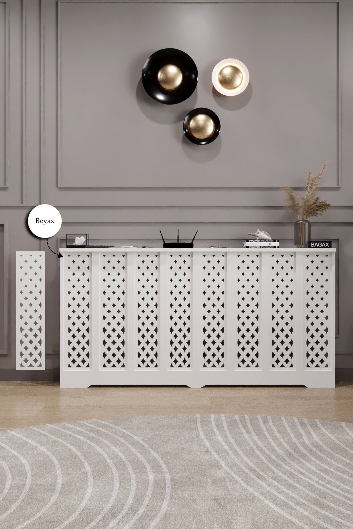 Petek Kaplama Modern Radyatör Kapatma Ünitesi Ön Panel MDF Tasarım İç ölçü 156 cm Dış Ölçü 160 cm
