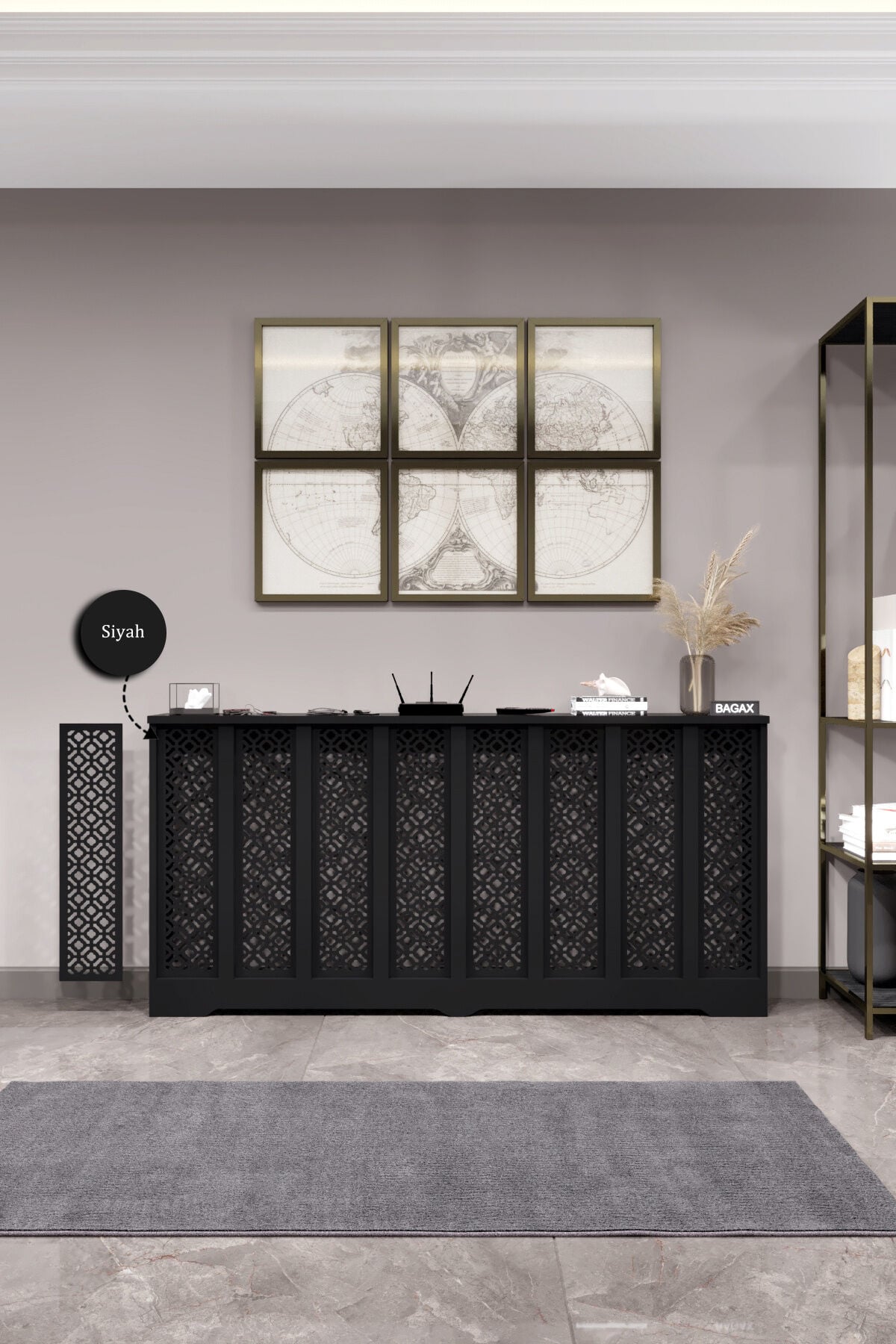Petek Kaplama Modern Radyatör Kapatma Ünitesi Ön Panel MDF Tasarım İç ölçü 156 cm Dış Ölçü 160 cm