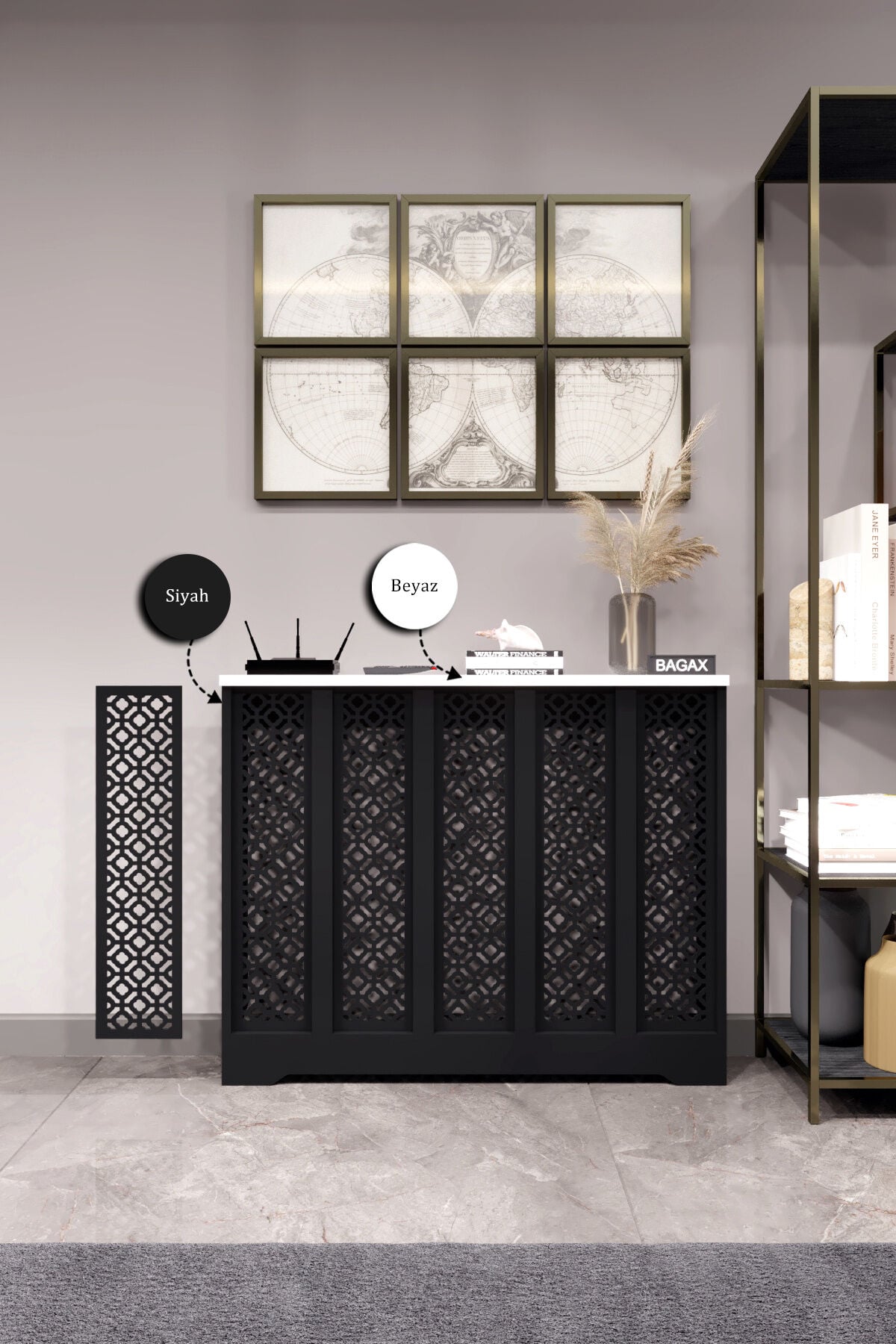 Dekoratif Petek Dolabı Kalorifer Peteği Kapatma Ünitesi Modern Tasarım İç Ölçü 96 cm Dış Ölçü 100 cm