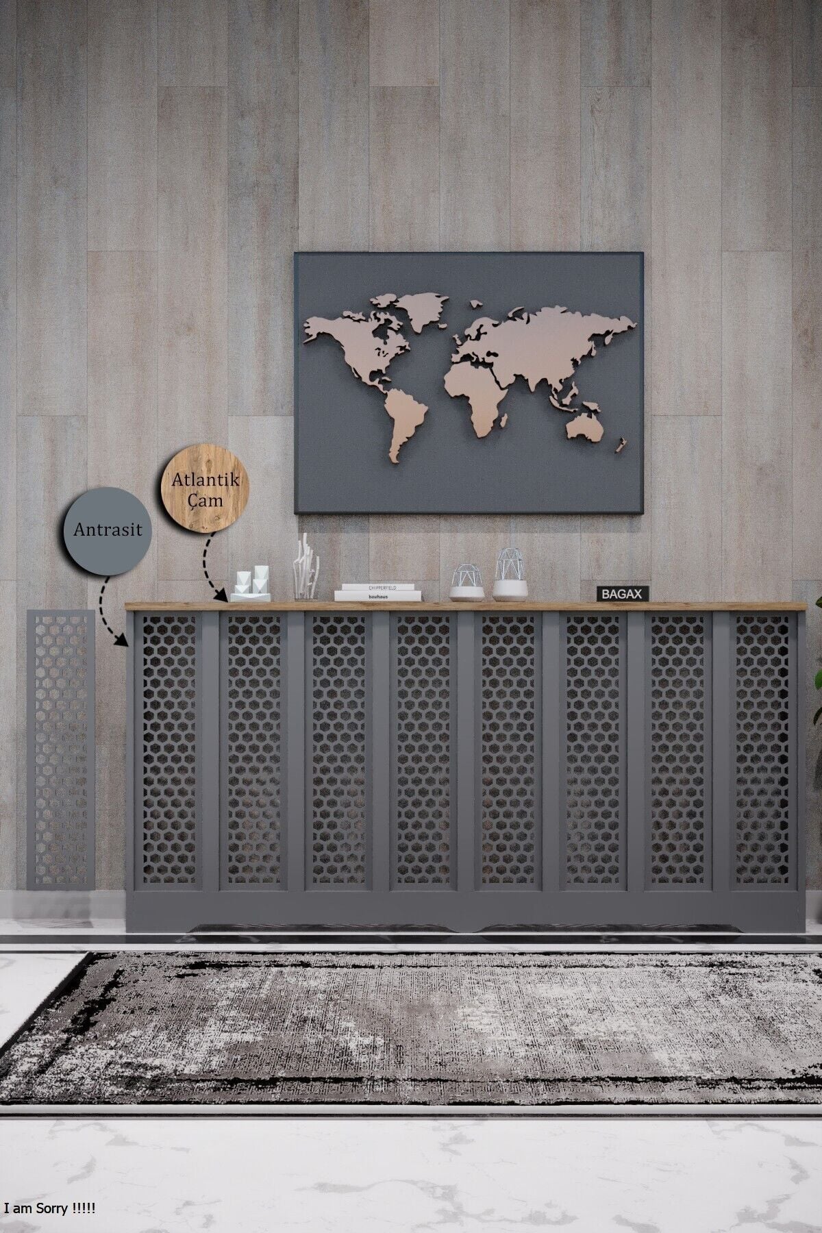 Petek Kaplama Modern Radyatör Kapatma Ünitesi Ön Panel MDF Tasarım İç ölçü 156 cm Dış Ölçü 160 cm