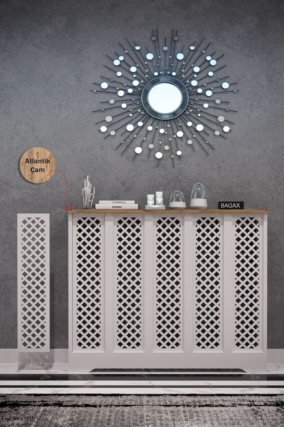 Dekoratif Petek Dolabı Kalorifer Peteği Kapatma Ünitesi Modern Tasarım İç Ölçü 96 cm Dış Ölçü 100 cm