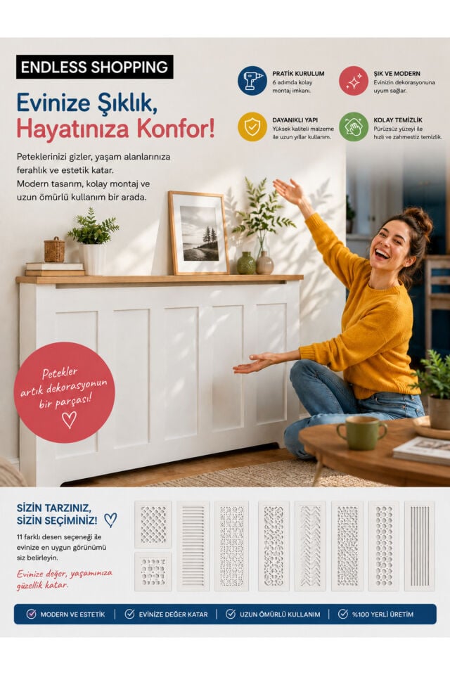 Dekoratif Petek Dolabı Kalorifer Peteği Kapatma Ünitesi Modern Tasarım İç Ölçü 76 cm Dış Ölçü 80 cm