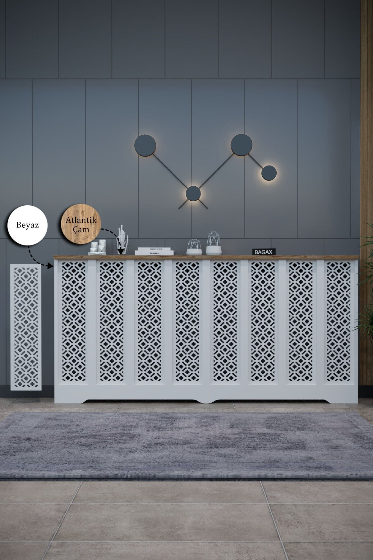 Petek Kaplama Modern Radyatör Kapatma Ünitesi Ön Panel MDF Tasarım İç ölçü 156 cm Dış Ölçü 160 cm