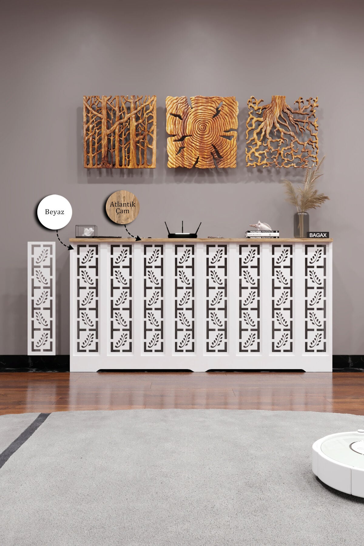 Petek Kaplama Modern Radyatör Kapatma Ünitesi Ön Panel MDF Tasarım İç ölçü 156 cm Dış Ölçü 160 cm