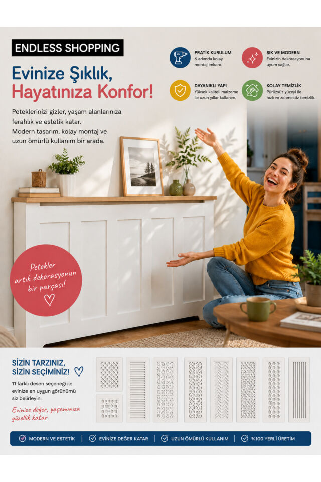 Dekoratif Petek Kaplama Modern Kalorifer Peteği Gizleme Ünitesi 11 Desen 9 Renk İç Ölçü 136 cm Dış Ölçü 140 cm