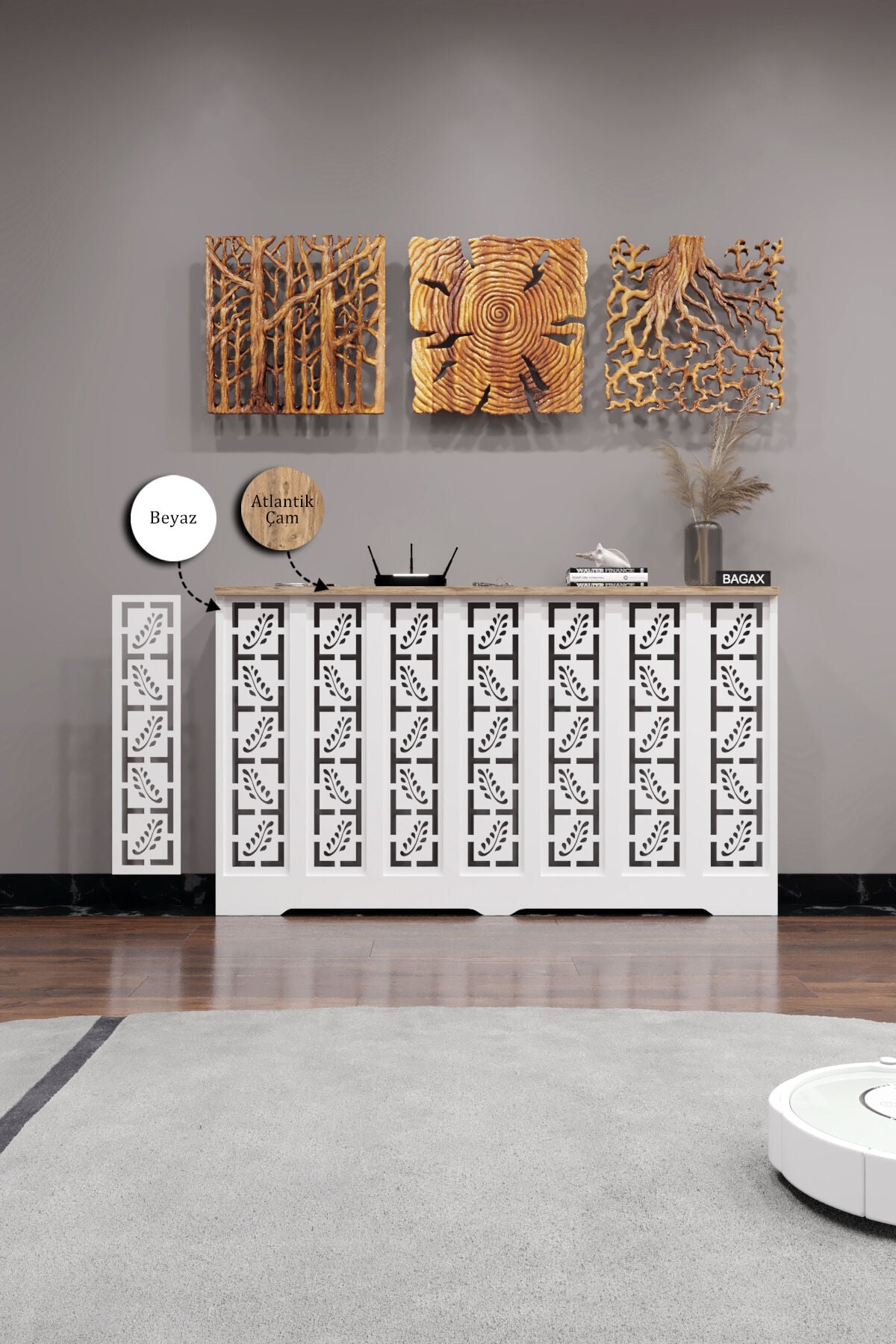 Dekoratif Petek Kaplama Modern Kalorifer Peteği Gizleme Ünitesi 11 Desen 9 Renk İç Ölçü 136 cm Dış Ölçü 140 cm