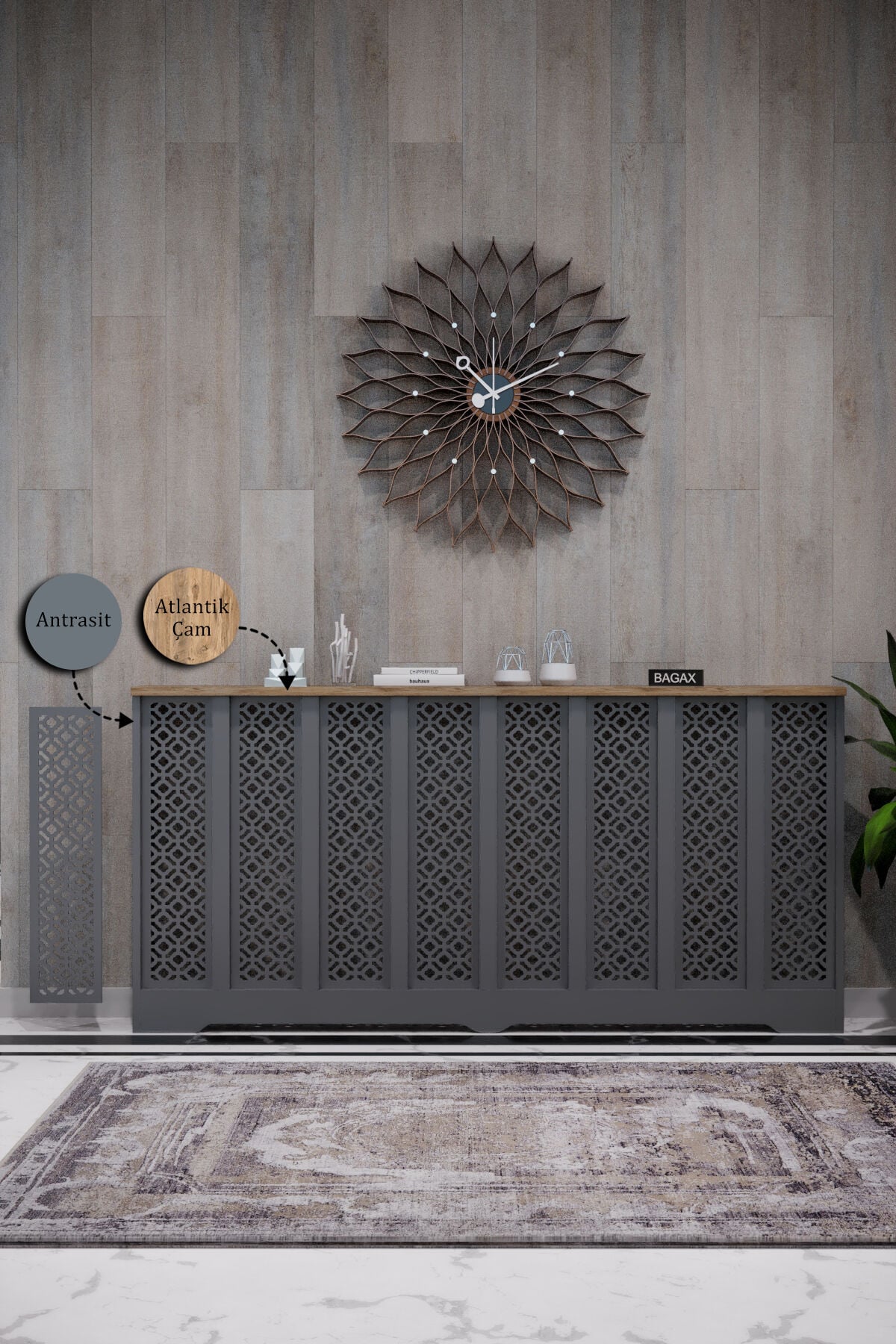 Petek Kaplama Modern Radyatör Kapatma Ünitesi Ön Panel MDF Tasarım İç ölçü 156 cm Dış Ölçü 160 cm