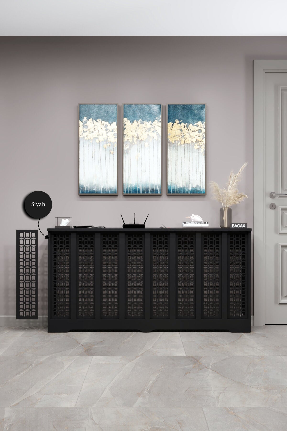 Petek Kaplama Modern Radyatör Kapatma Ünitesi Ön Panel MDF Tasarım İç ölçü 156 cm Dış Ölçü 160 cm