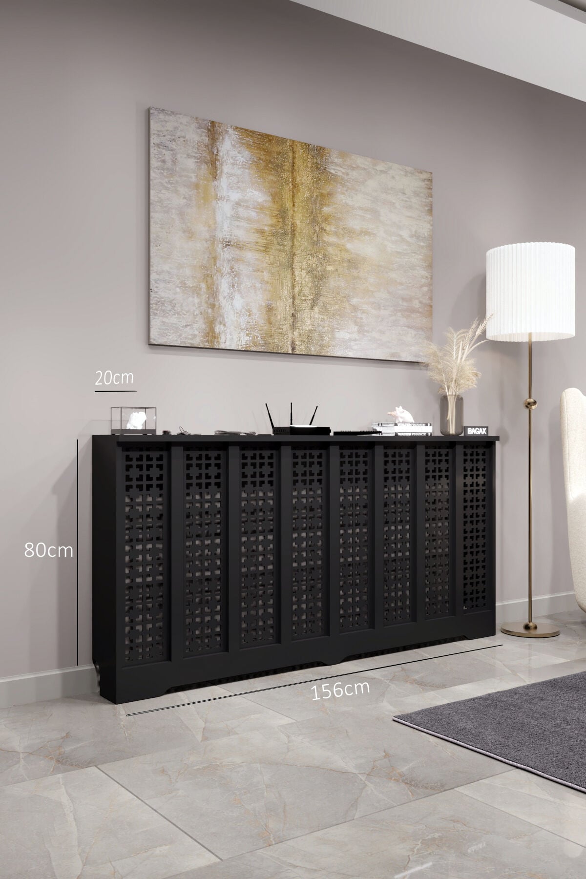 Petek Kaplama Modern Radyatör Kapatma Ünitesi Ön Panel MDF Tasarım İç ölçü 156 cm Dış Ölçü 160 cm