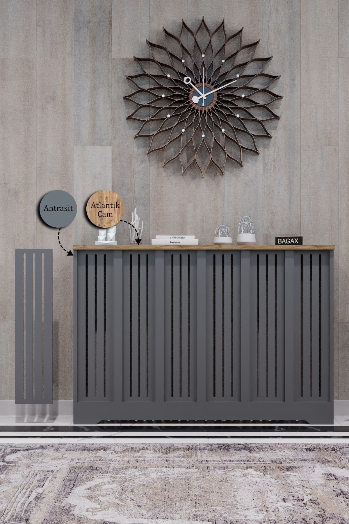 Bagax Efes Model, Antrasit Üstü Atlantik Çam Renk,iç Ölçü 116 Cm Dış Ölçü 120 Cm Petek Kaplama, Dresuar