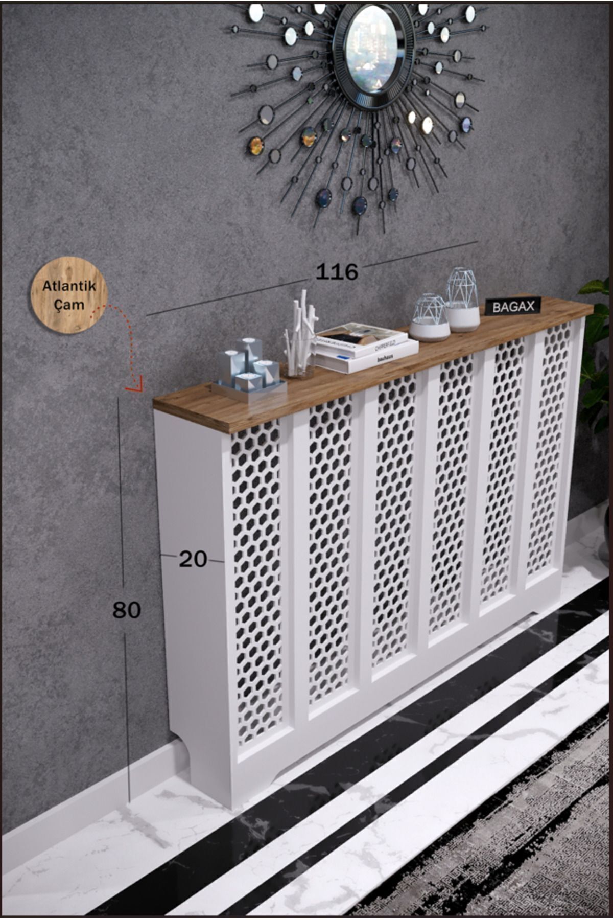Bagax Petek Üstü Dekoratif Dresuar – Kalorifer Gizleme Antre Konsolu | Dar Alanlar İçin Modern ( iç 116 ) ( dış 120 cm ) D6