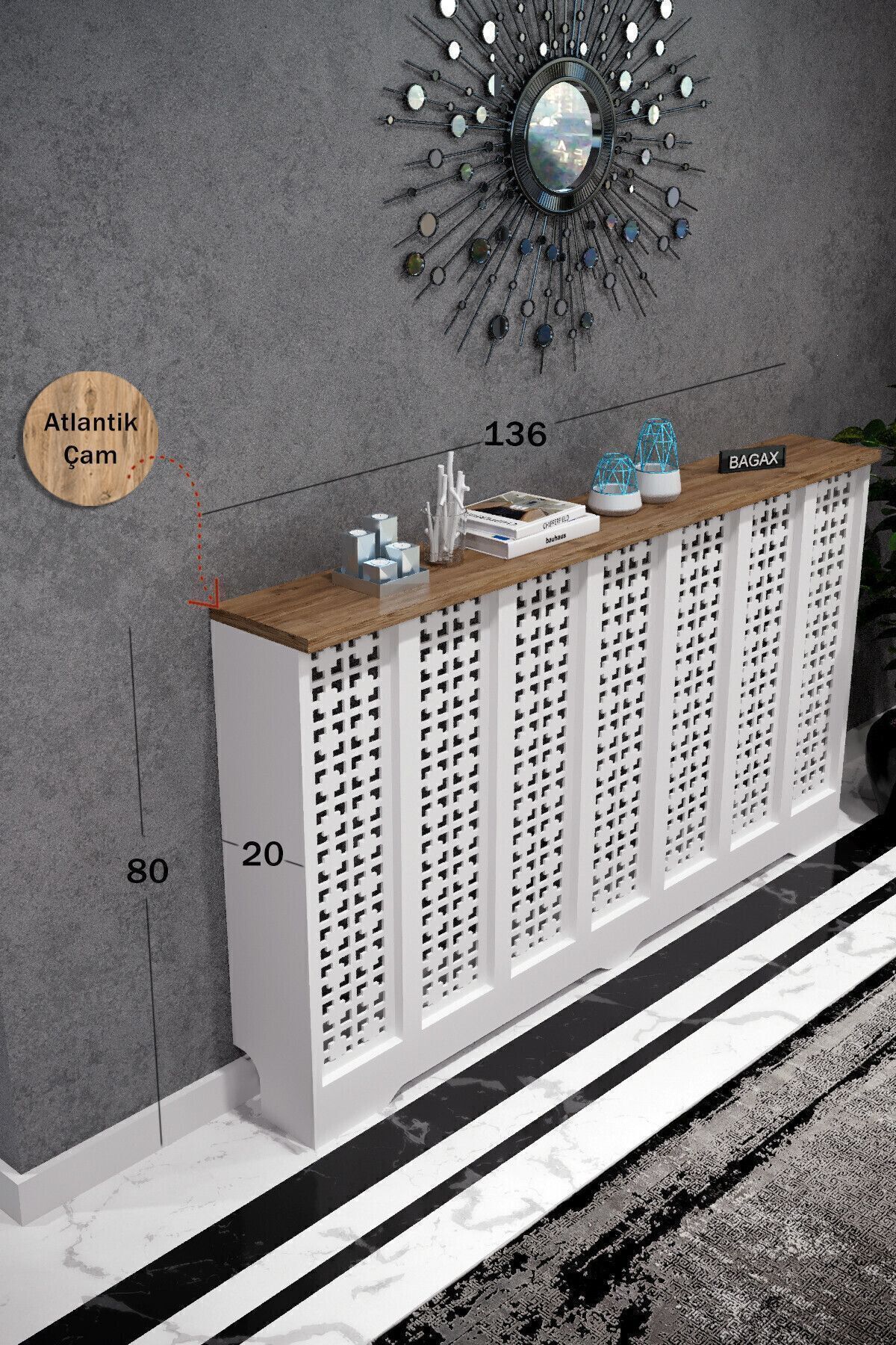 Bagax Truva Model, Beyaz Üstü Çam Renk,iç Ölçü 136 Cm Dış Ölçü 140 Cm Petek Kaplama, Dresuar