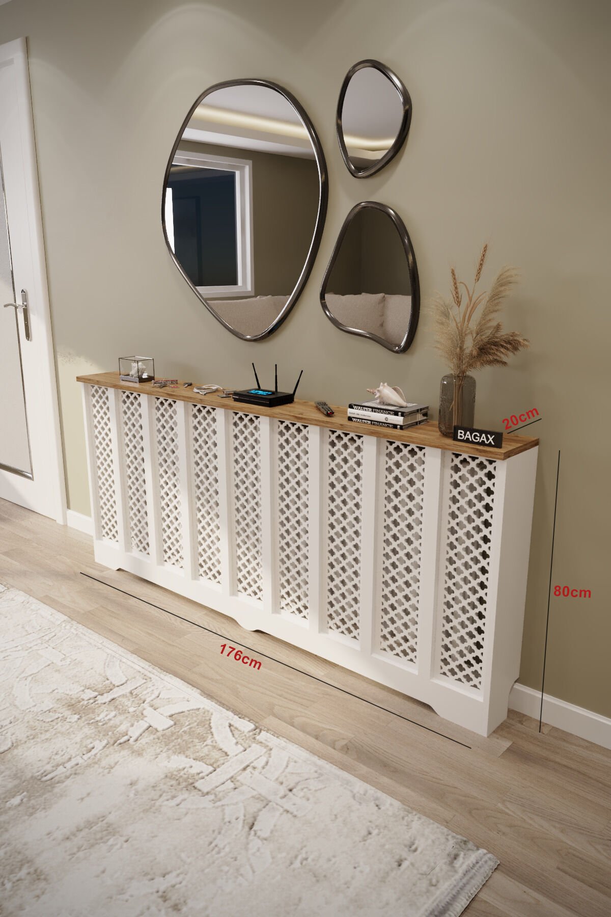 Bagax Petek Üstü Dekoratif Dresuar – Kalorifer Gizleme Antre Konsolu | Dar Alanlar İçin Modern ( iç 176 ) ( dış 180 cm ) D3