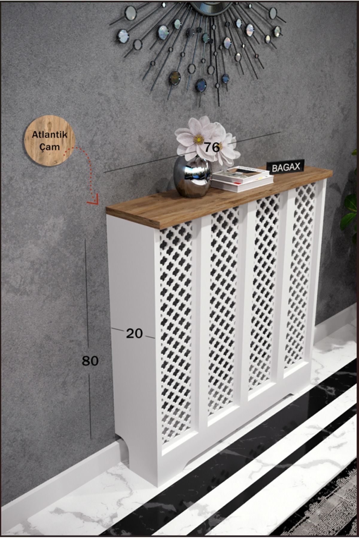 Bagax Petek Üstü Dekoratif Dresuar – Kalorifer Gizleme Antre Konsolu | Dar Alanlar İçin Modern ( iç 76 ) ( dış 80 cm ) D3
